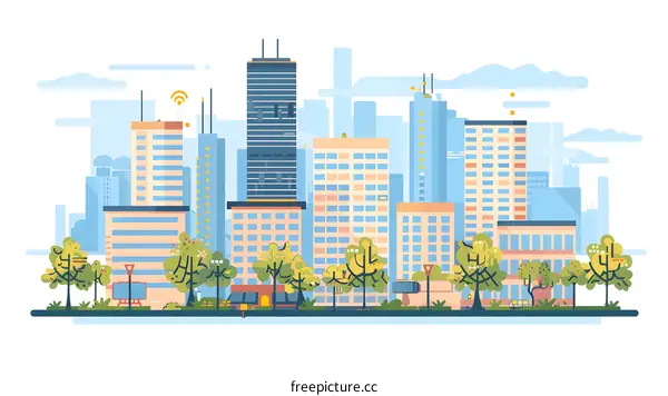 Modern Cityscape with Skyscrapers and Green Trees