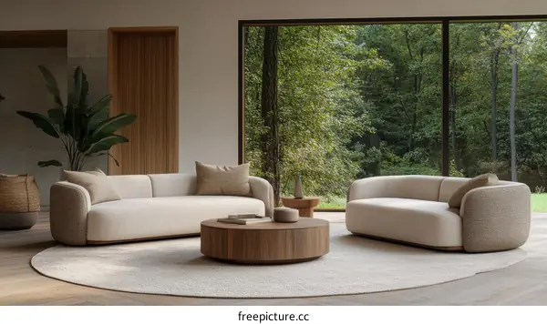Modern Beige Sofa with Wooden Coffee Table in Natural Light Living Room