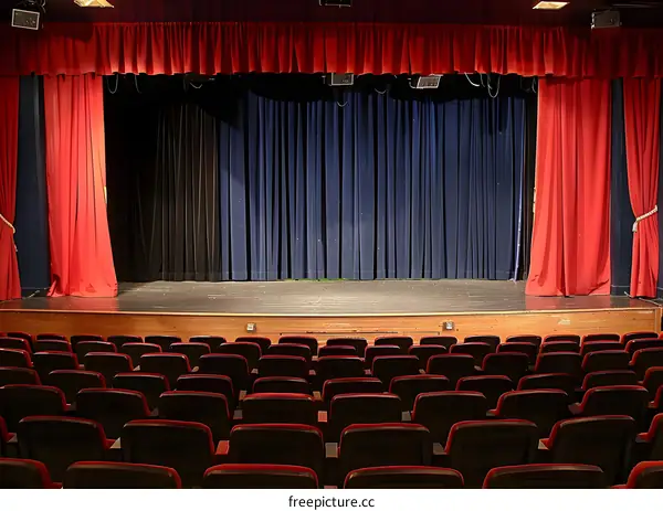 Empty Theater Seats with Stage Curtains