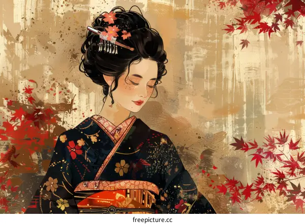 A beautiful Japanese woman in a kimono with red maple leaves in the background