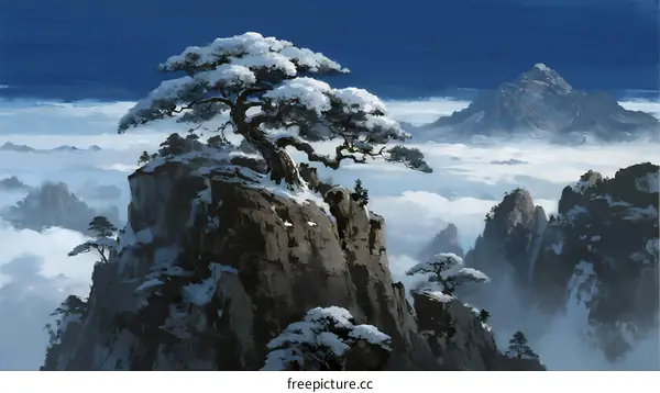 A Snow-Covered Pine Tree on a Rocky Mountain Peak Above Clouds
