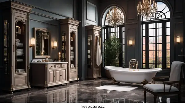 Lavish bathroom with freestanding bathtub and marble floor