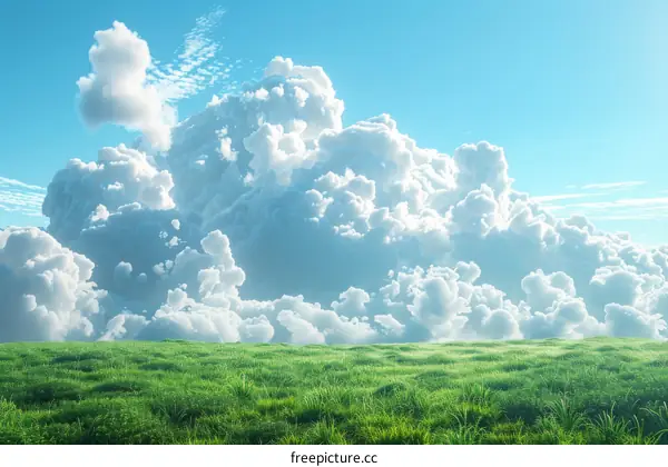 Blue Sky with White Clouds and Green Grass Field
