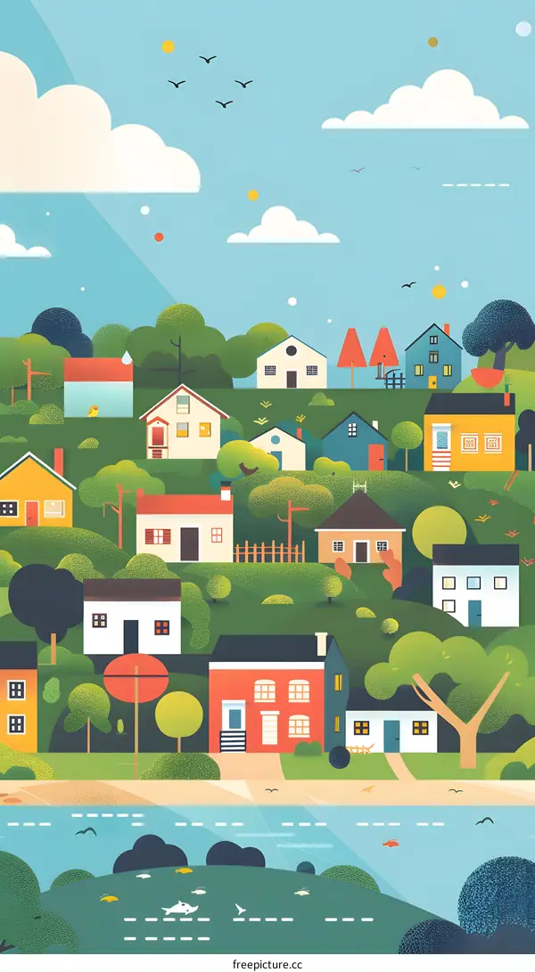 Colorful Illustration of a Small Town with Houses and a River