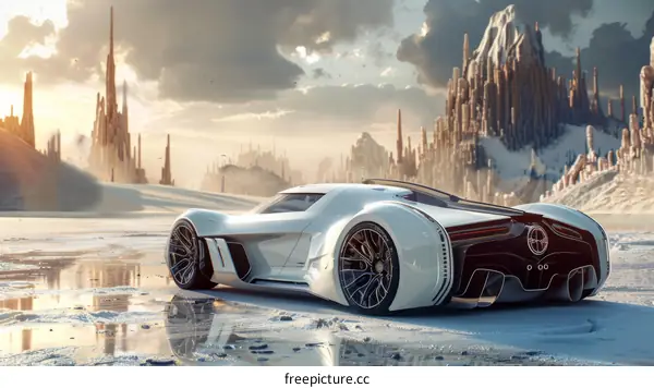 futuristic white sports car in a snowy landscape