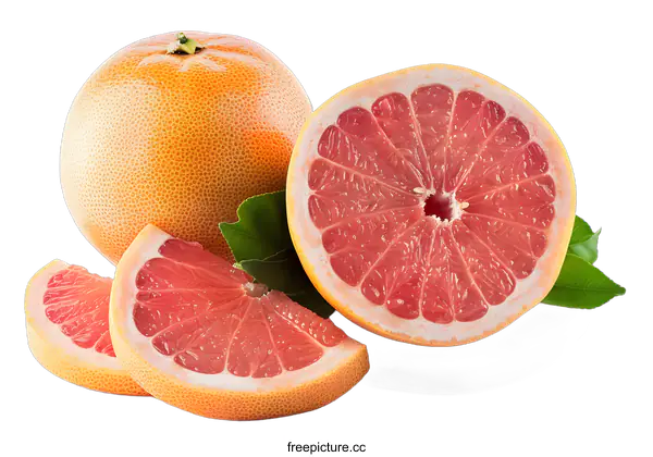 [Transparent Background PNG]Fresh Juicy Grapefruit Slices with Leaves on White Background