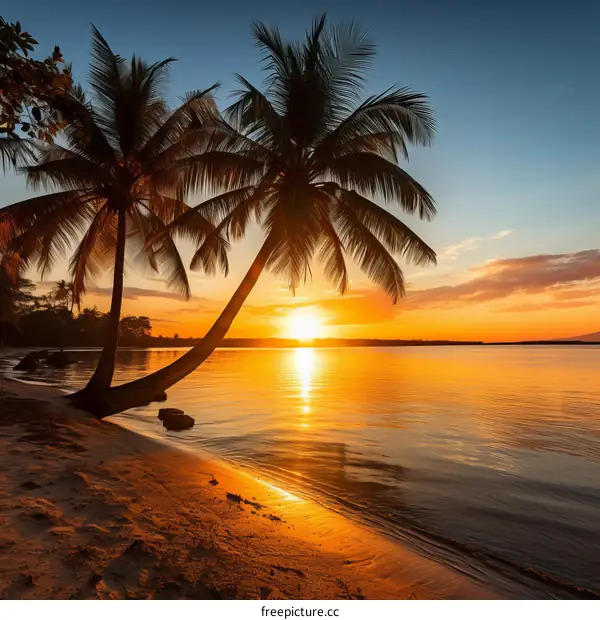 Beach sunset with palm trees