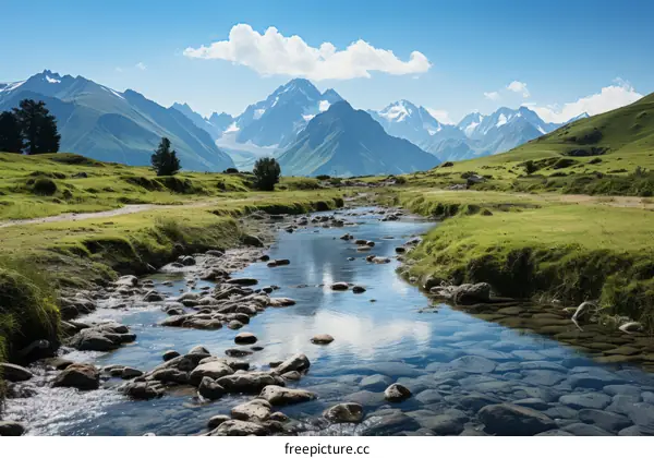 mountain river landscape with green grass and blue sky