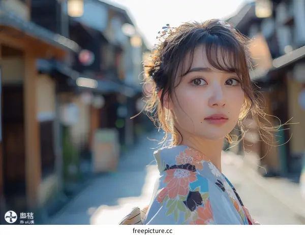 Asian Woman in Traditional Japanese Kimono in a Japanese Street