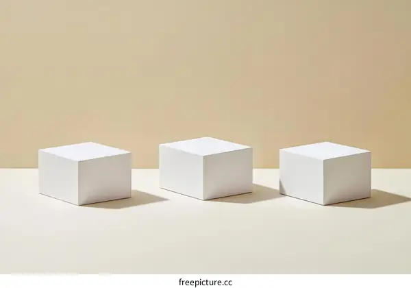 Three White Cubic Display Stands on Beige Background