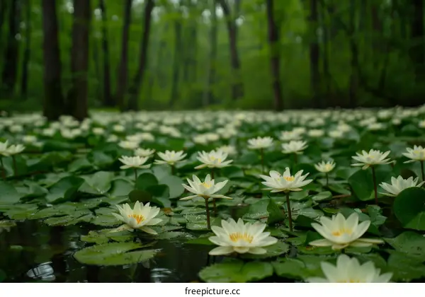 White Water Lilies Flourishing in a Forest Pond