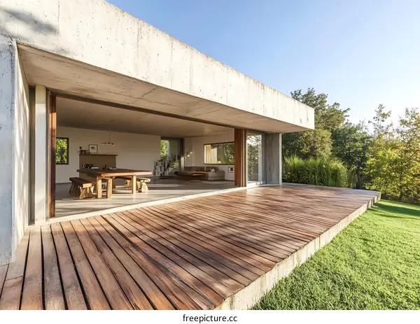 Modern Concrete House with Wooden Deck and Open Sliding Doors