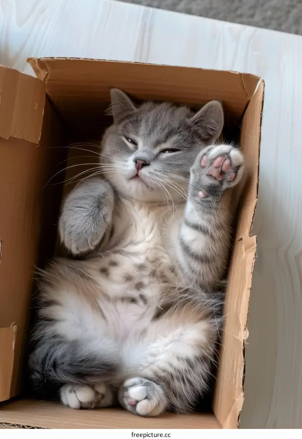 A gray and white kitten is sitting in a cardboard box.