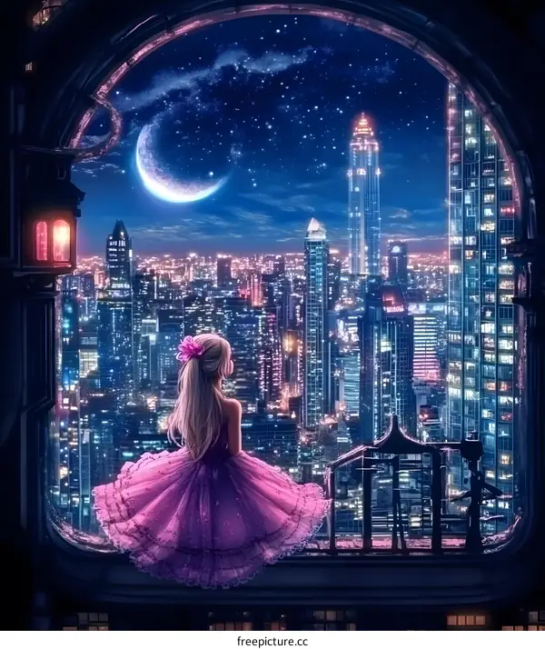 Young Girl in Pink Dress Gazing at Night City Lights