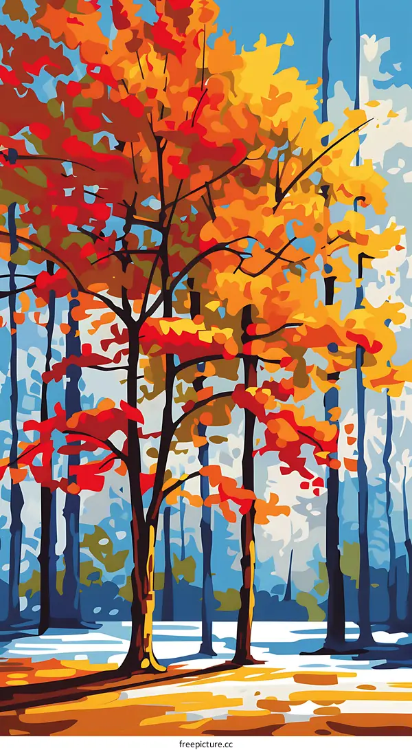 Fall Forest Painting with Blue Sky