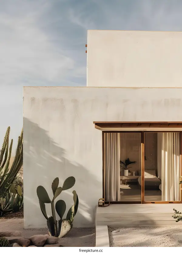 Minimalist White House with Cactus and Patio