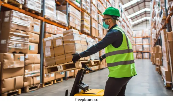 man in a warehouse wearing a hard hat and a mask and operating a forklift