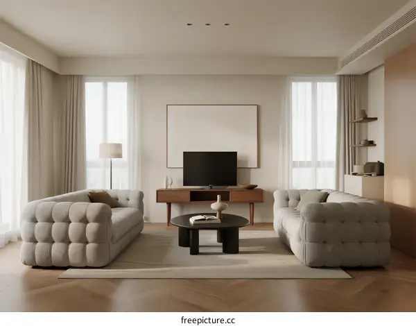 Modern Living Room with Comfortable Sofa and Large Windows