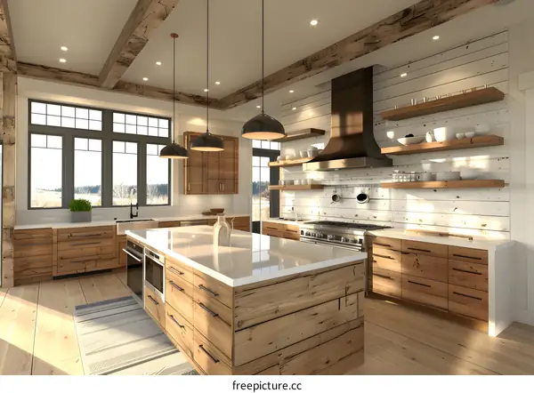Modern farmhouse kitchen with rustic wood cabinets