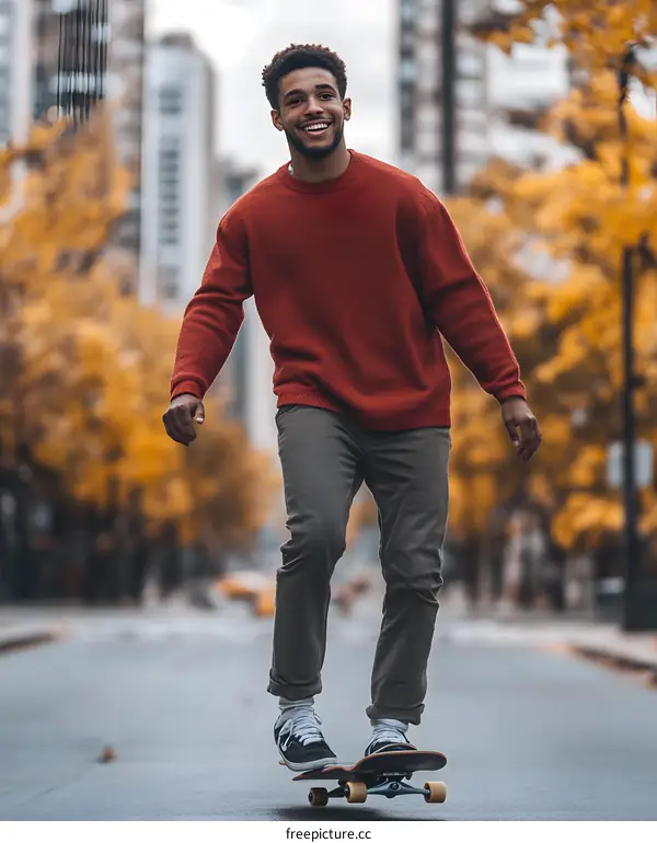 Smiling Man Skateboarding In The City