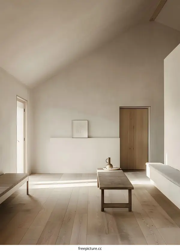 Minimalist Interior Design with Wooden Table and Bench