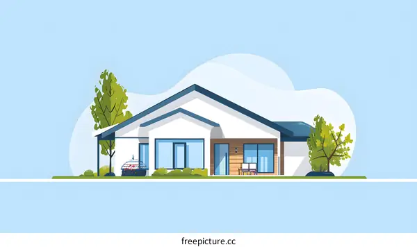 Modern House Exterior with Blue Roof and Green Trees