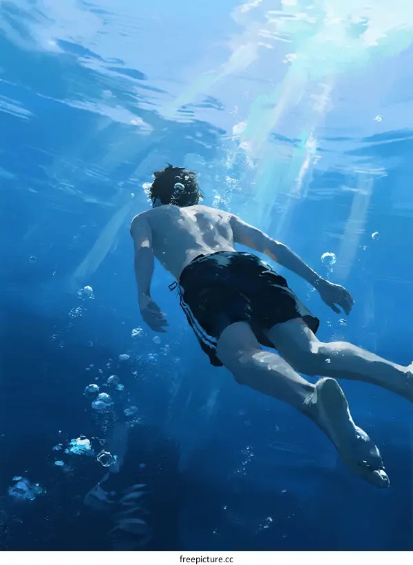 Man swimming underwater with sunlight filtering through water
