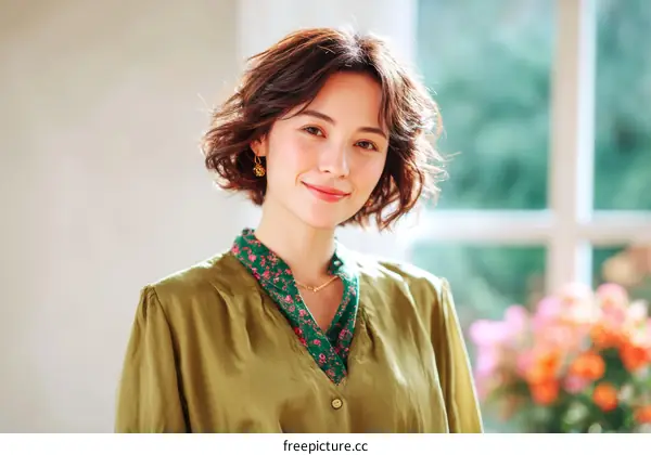 Woman with short curly hair wearing a blouse