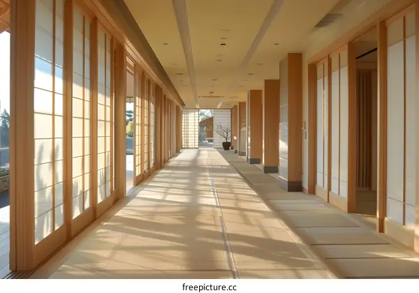 Long Corridor with Wooden Sliding Doors and Tatami Mats