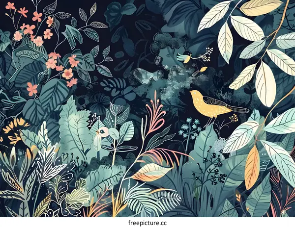 Dark Blue and Green Tropical Jungle Illustration With Birds