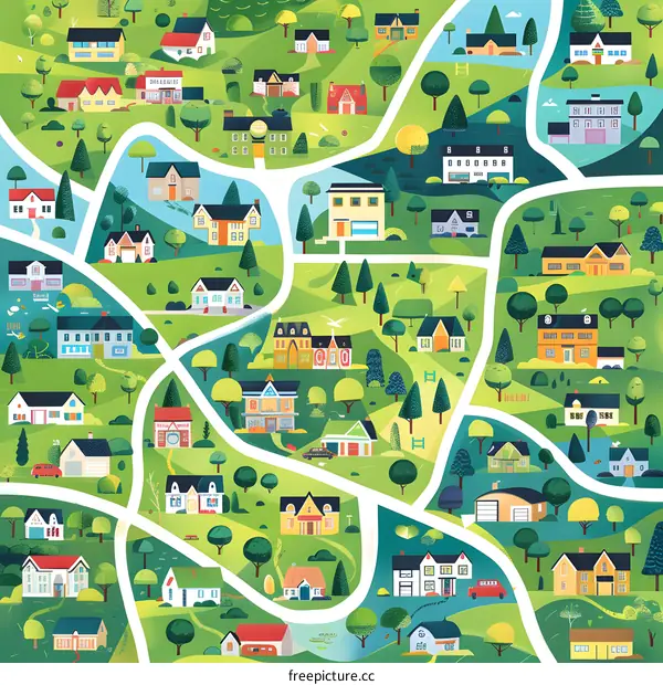 Colorful Illustration of a Suburb Neighborhood