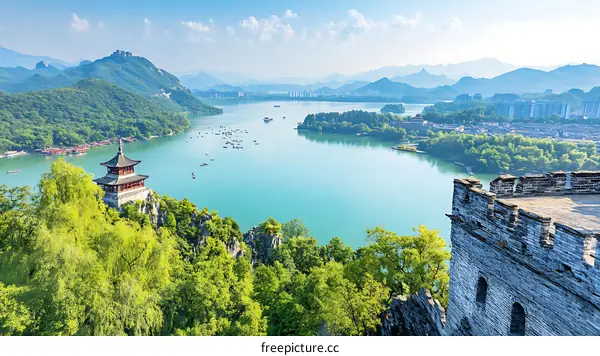 Panoramic View of a Chinese Landscape with Lake and Mountains