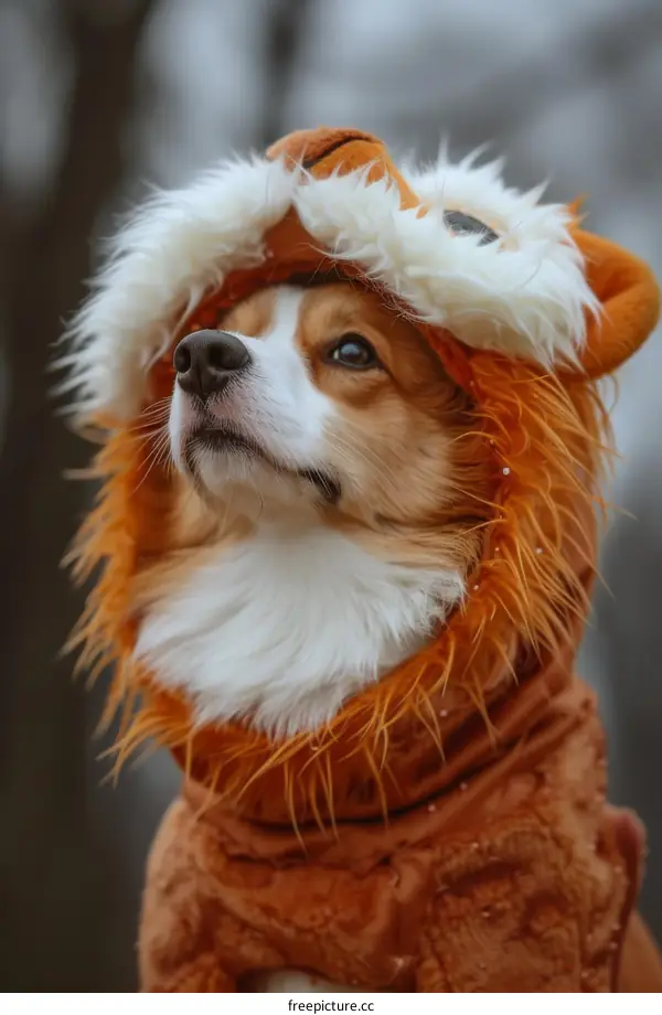 A cute dog wearing a lion costume