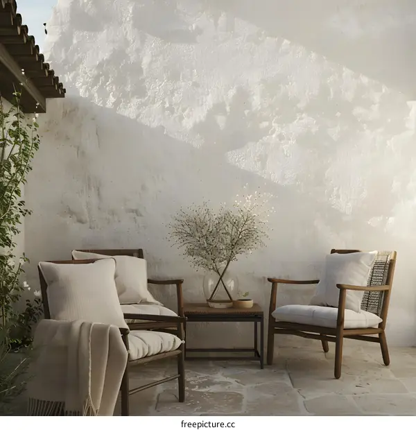 Minimalist Patio with Wooden Chairs and White Wall