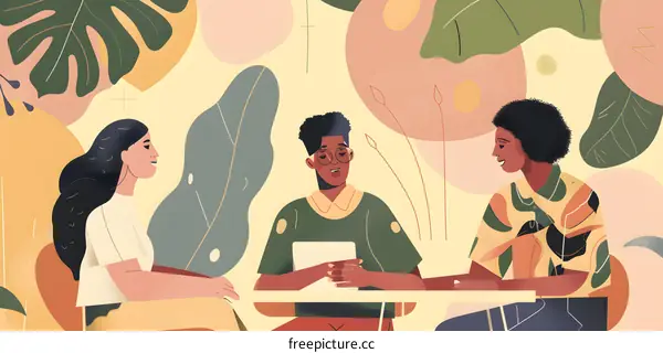 Group of diverse people sitting at a table and talking