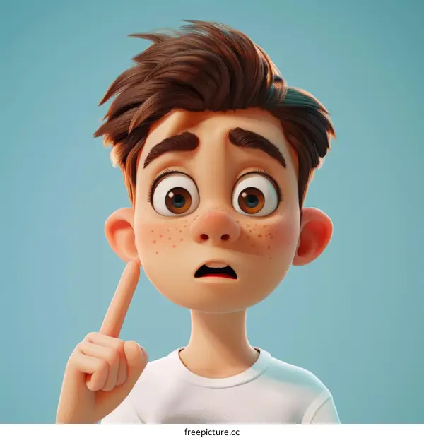 A boy is pointing at his ear