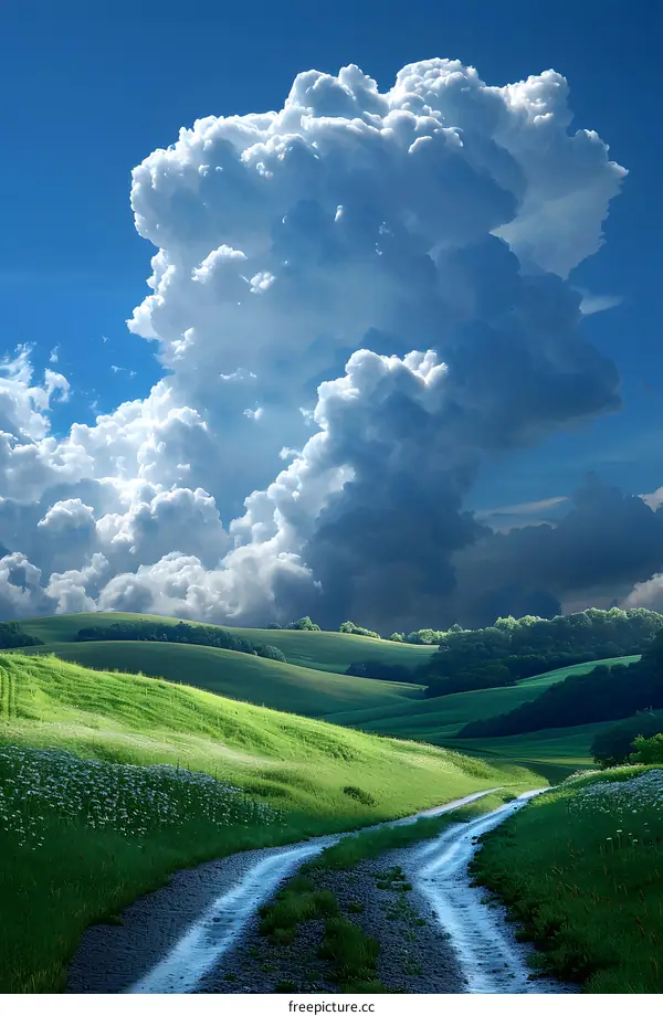 Countryside dirt road with storm clouds gathering