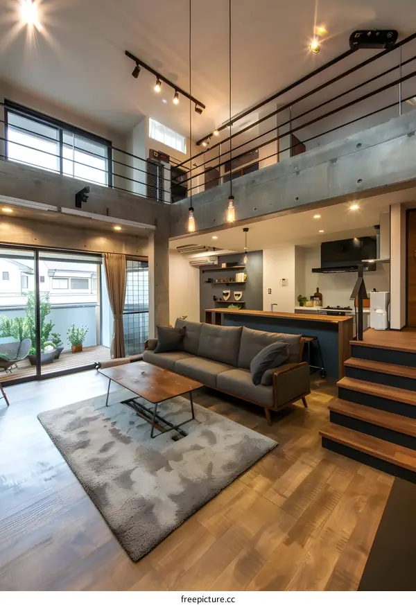 Modern Loft Living Room Interior Design with Concrete and Wood Elements