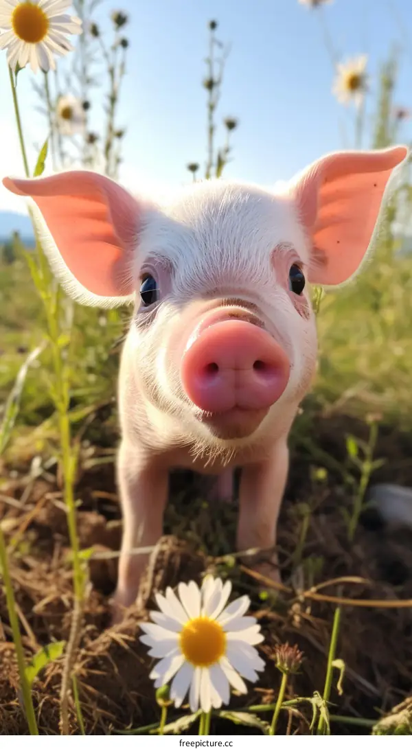 A cute little piglet standing in a field of daisies