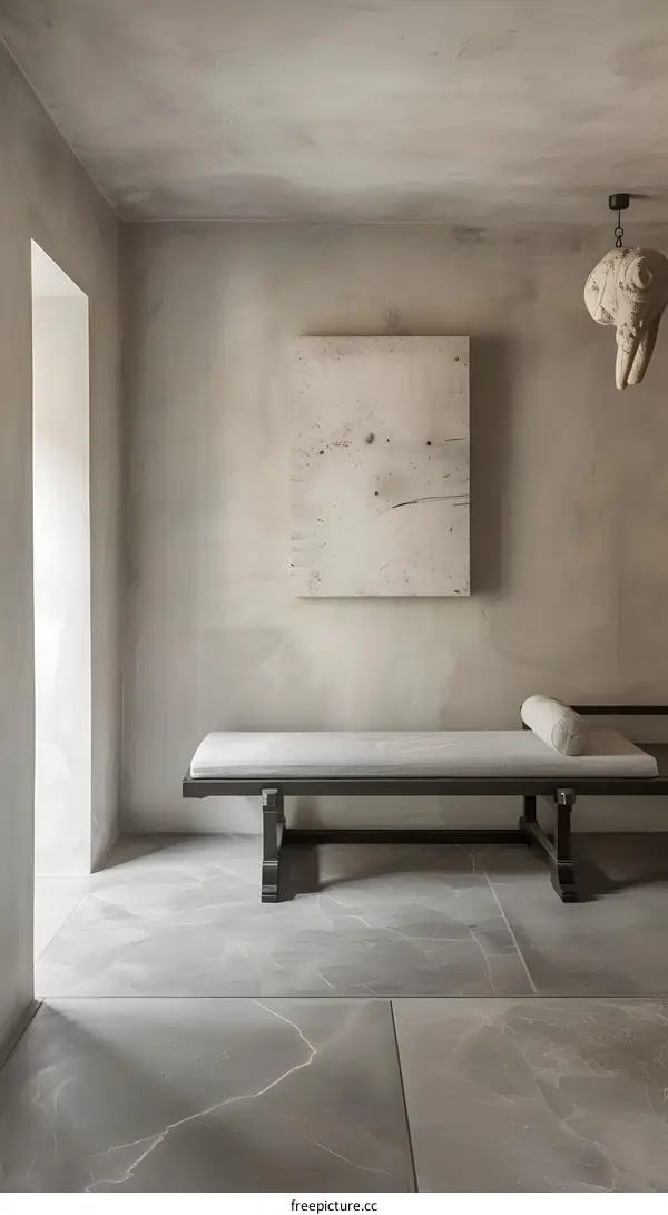 Modern Minimalist Interior Design with a Stone Bench and Abstract Artwork