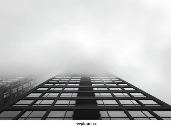 Black and white photo of a tall building shrouded in fog