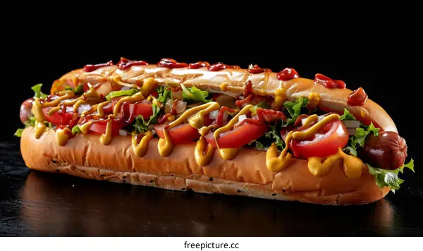 Hotdog with mustard, ketchup, tomatoes, onions and lettuce