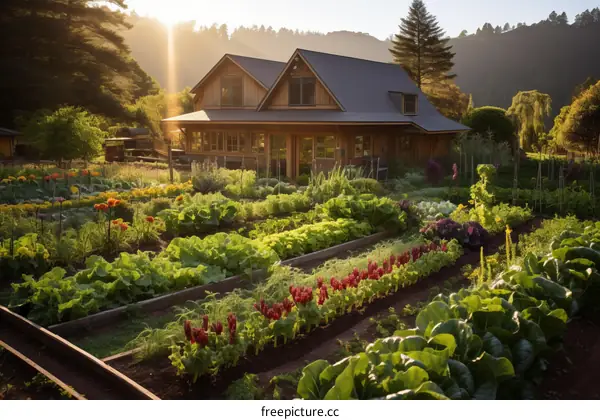 A beautiful garden with a house in the background
