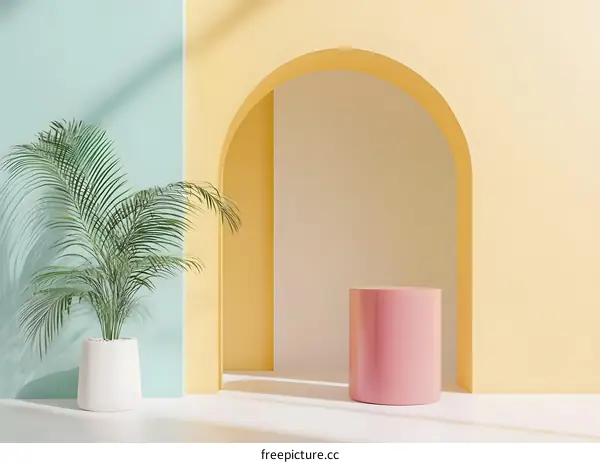 Minimalist 3D Render of Archway With Pink Cylinder and Plant