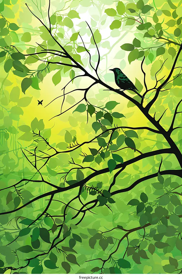 Green Leaves and a Bird Silhouette on a Branch