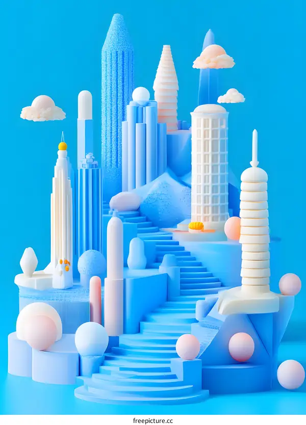Abstract 3D Cityscape Illustration with Blue and White Buildings