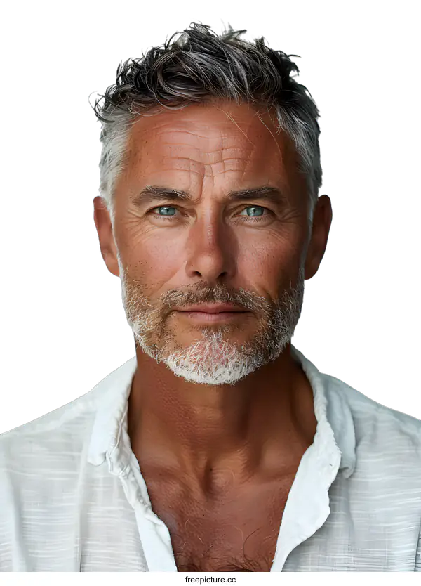 [Transparent Background PNG]Portrait of a Handsome Man With Grey Hair and a White Shirt