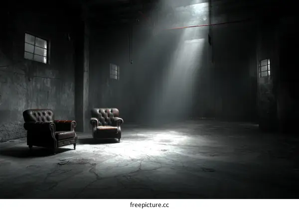 Abandoned Industrial Warehouse Interior with Leather Armchairs