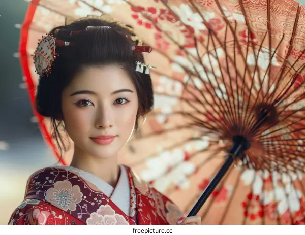 Portrait of a beautiful Japanese woman in traditional kimono holding a red umbrella