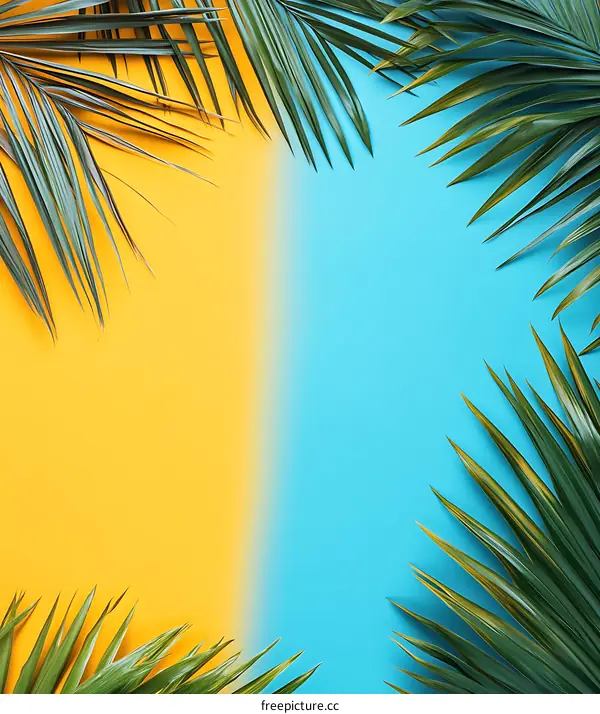 Tropical Palm Leaves on Yellow and Blue Background